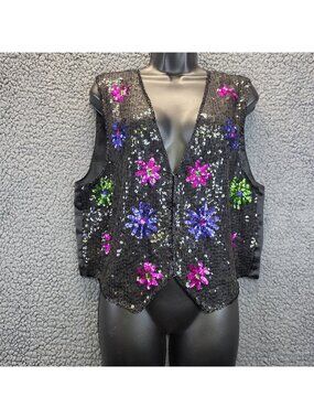 Vintage 90s AJ Silk Sequin Vest Sze M Black Rainbow Sequins Sparkle Eras Swiftie